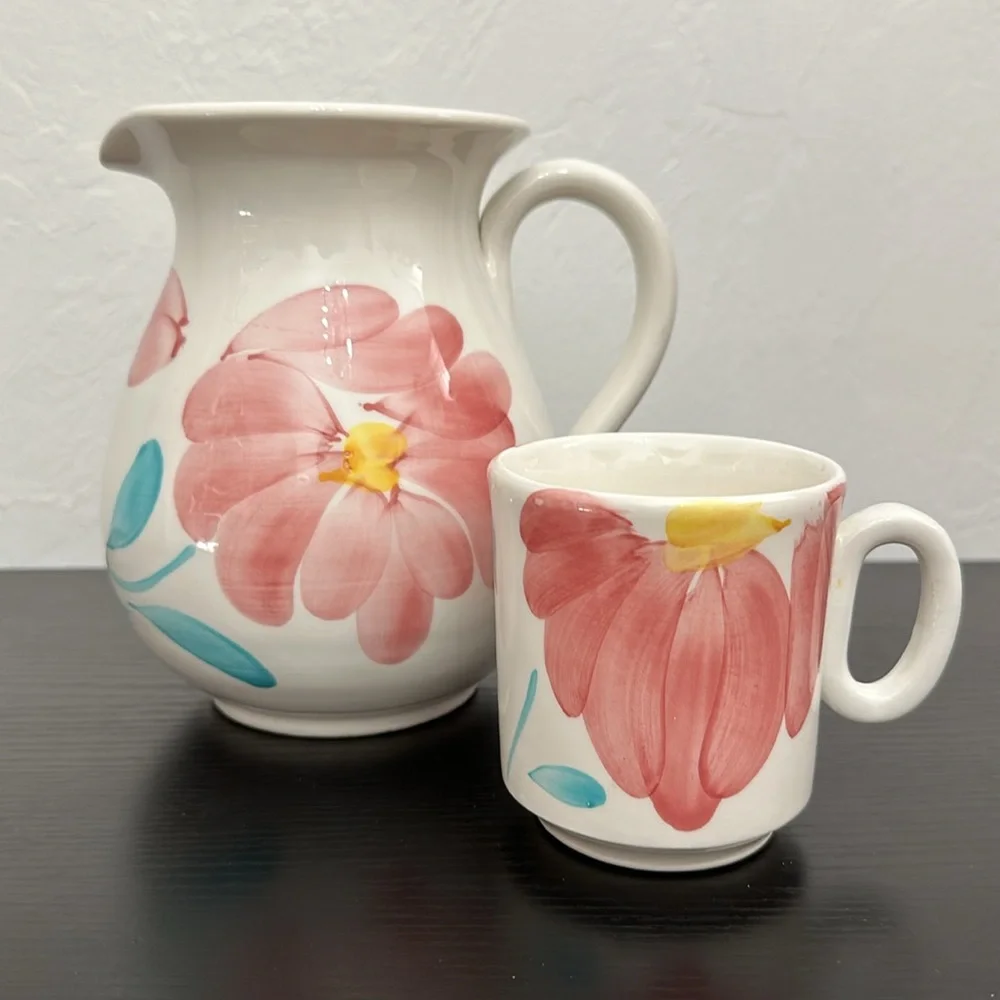Pier 1 Hand Painted Pitcher & Cup Set Italy